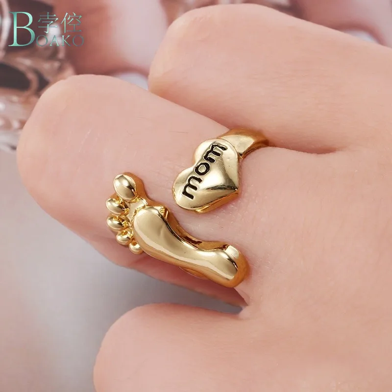 

BOAKO Fashion Rings Mother's Day Father's Day Gift Silver Rose Gold Color Rings Baby Foot Heart Style "mom" Carved Jewelry