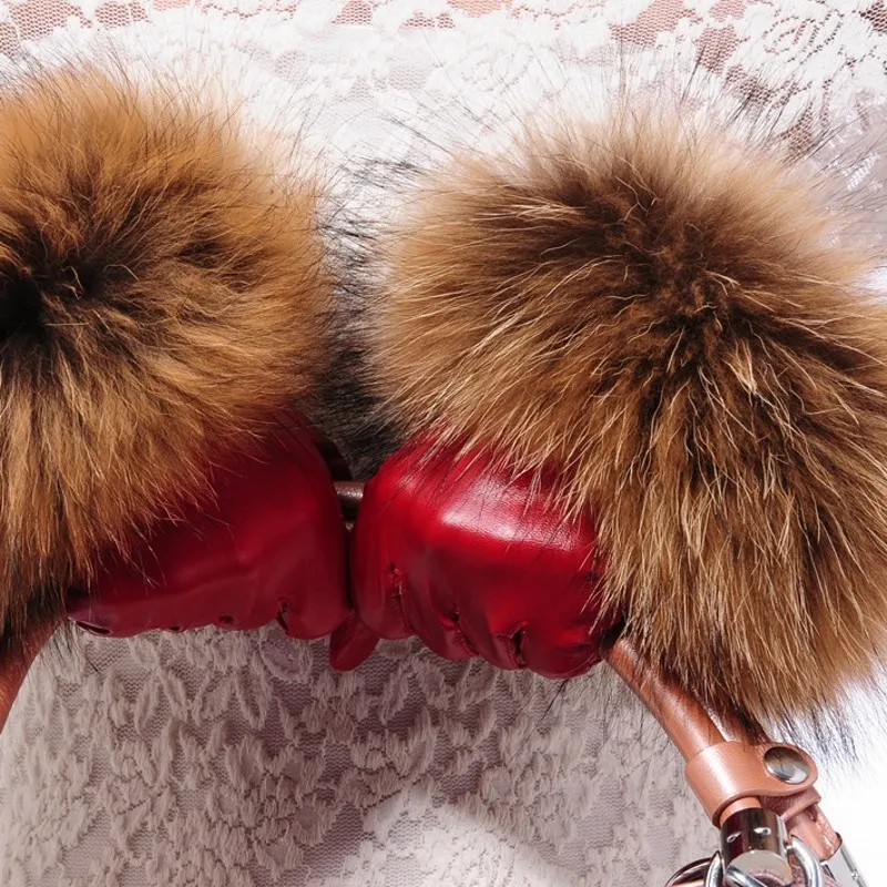 Роскошные женские зимние перчатки из овчины с сенсорным экраном, настоящий мех енота, перчатки из натуральной кожи, женские черные, красные теплые флисовые варежки