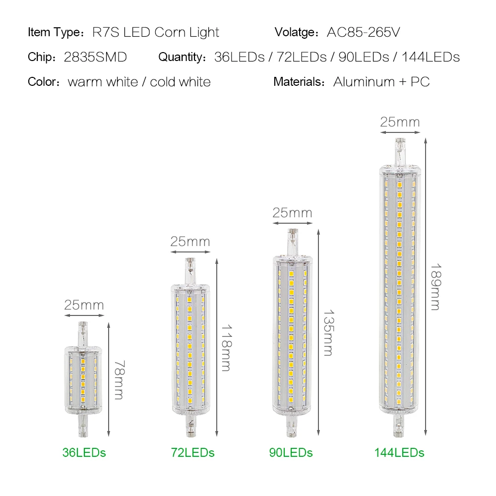 1 шт. Ampoule R7S светодиодный лампочка Кукурузы 78 мм 118 мм 135 мм 189 мм затемняемая лампа Замена 10 Вт 30 Вт 50 Вт галогенная лампа AC 85-265 в прожектор