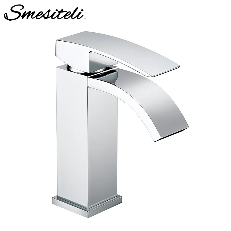 

Smesiteli Chrome Square Bathroom Basin Sink Fauce Deck Mount Waterfall Widespread Single Handle Single Hole Faucet For Bathroom