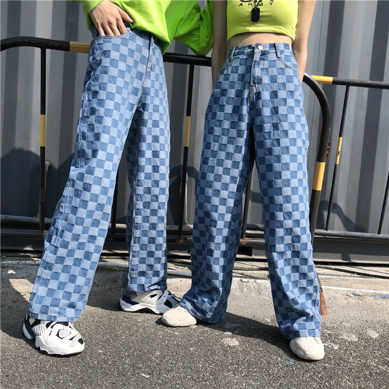 Woherb Jeans Woman Plaid Pants Hip Hop New Female Wide Leg Pants Fashion Harajuku BF Vintage High Waist Denim Pants 22706