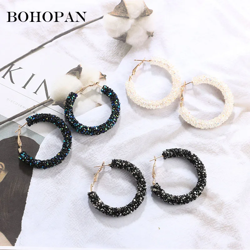 

Luxury Bohemian Big Circle Hoops Earrings Creole Black Bling Crystal Round Loop Earrings for Women Wedding Jewelry Brincos