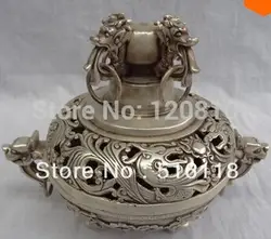 Элегантный металлы рисунки 9 "дюймовый Китай серебряный дракон феникс Статуя Тибет латунь Лев Ладан курильница