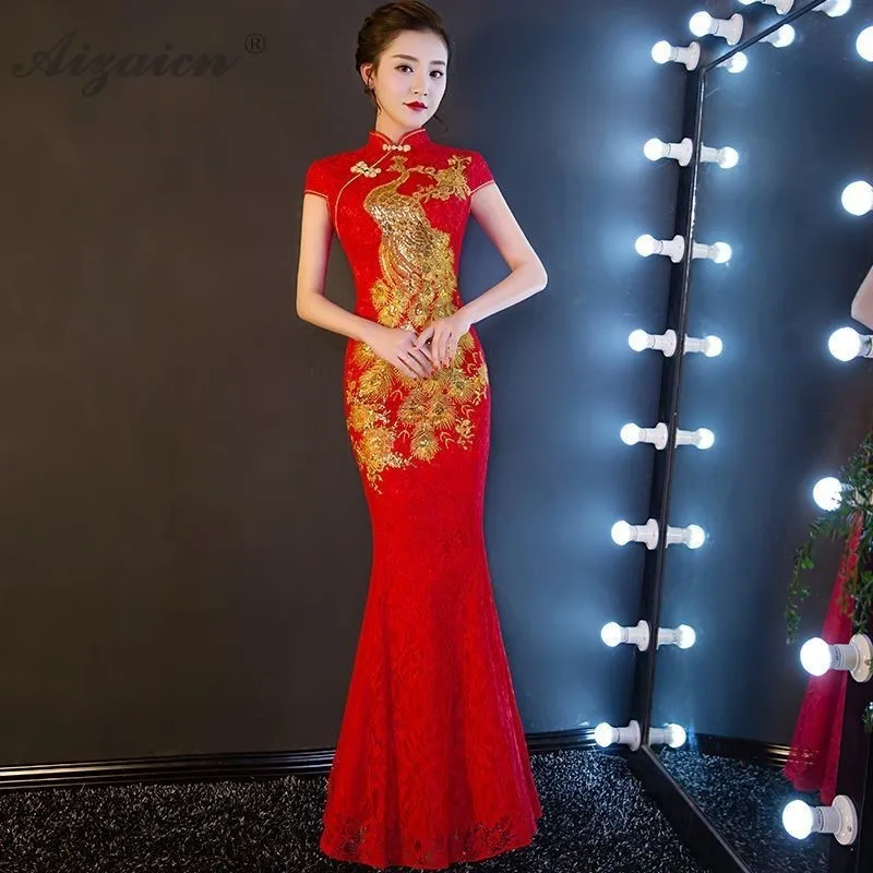 Cheongsam модерано де мода lentejuelas largo Qi Pao mujeres chino tradicional de la boda Vestido de noche vestido de noche