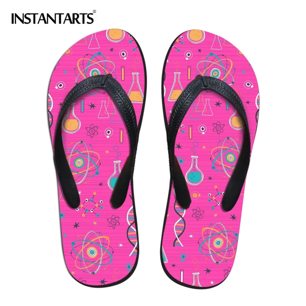 

INSTANTARTS Casual Shoe Women Summer Slip-on Home Female Flats Flip Flops Midcentury Modern Science 3D Print Pink Green Slippers