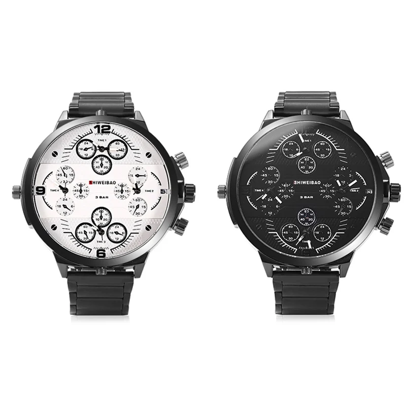 cool big case quartz watch for men four time zones steel bracelt wristwatches (6)
