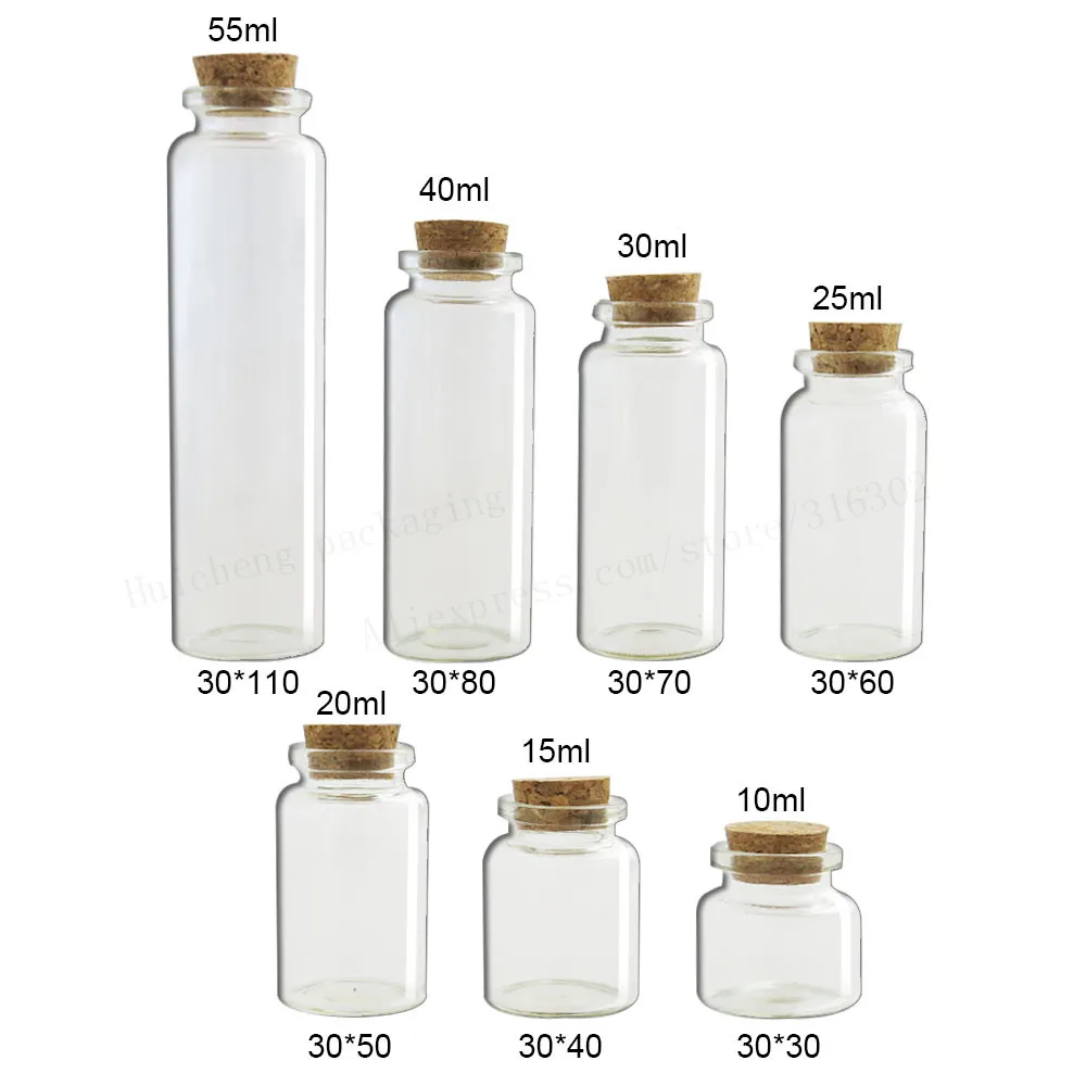 

50 x 10ML 15ML 20ML 25ML30M 40ML 55MLClear Wishing Glass Bottle with Cork glass vials display Containers Diameter 30MM