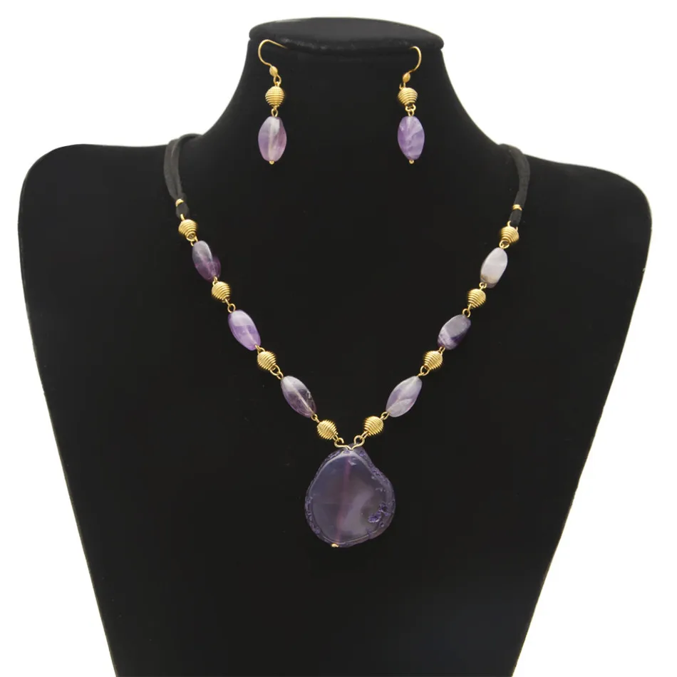 Женская мода натуральный камень ювелирный набор веревка из натуральной кожи цепочка натуральный красный сердолик кристалл кулон ожерелье серьги - Окраска металла: purple set