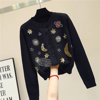 

2019 New Spring Autumn O Neck Knitted Cardigans for Women Beading Sequins Starry Pattern Black Coat Long Sleeve Female Sweaters