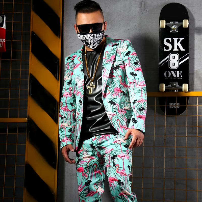 Повседневные Костюмы Блейзер Masculino мужской приталенный Блейзер зеленый цветочный принт костюм длинная куртка ночной клуб сценический для певца DJ Heren Colberts