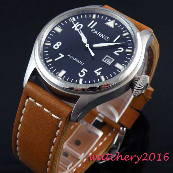 

47MM Parnis Black Dial Complete Calendar top brand Luxury Stainless steel Case ST Automatic movement Men's Watches
