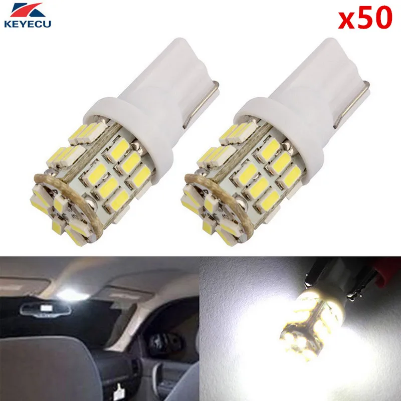 Keyecu 50 шт. T10 3014 30-SMD 194 168 2825 W5W Белый светодиодный Освещение лампы для Номерные знаки для мотоциклов подкладке Географические карты купол