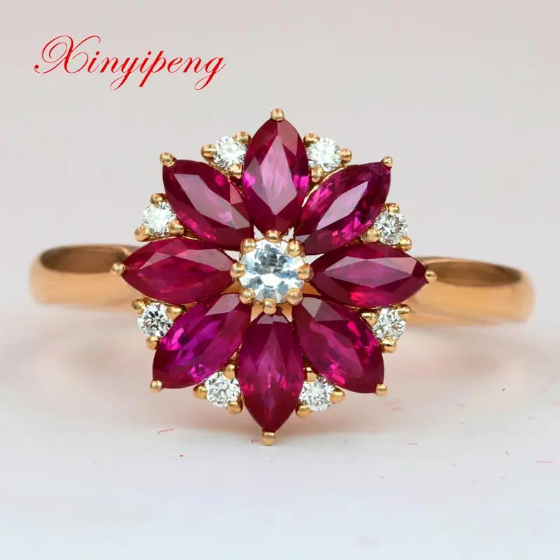 

Xin yi peng 18 k rose gold 1.5 ct natural ruby ring with diamond woman beautiful elegant flower anniversary gift