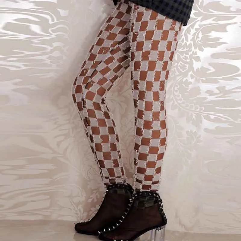 

Sexy Women Sheer Pattern Skinny Leggings Femme Pants Grid Porcelain Geometry Pencil Leggings Plaid Casual Summer Trousers Women