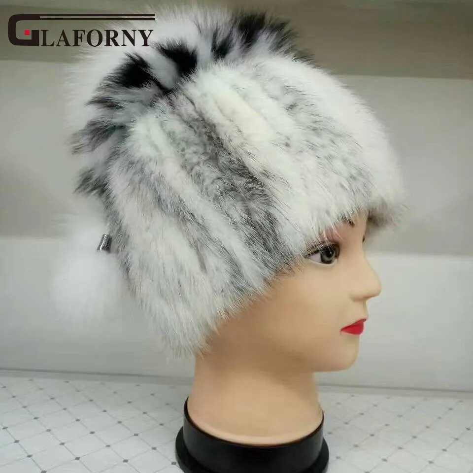 

Glaforny 2018 New Style Genuine Mink Fur Hats Women Knitted Fur Beanies with Silver Fox Fur Pompoms 100% Real Mink Skullies Warm
