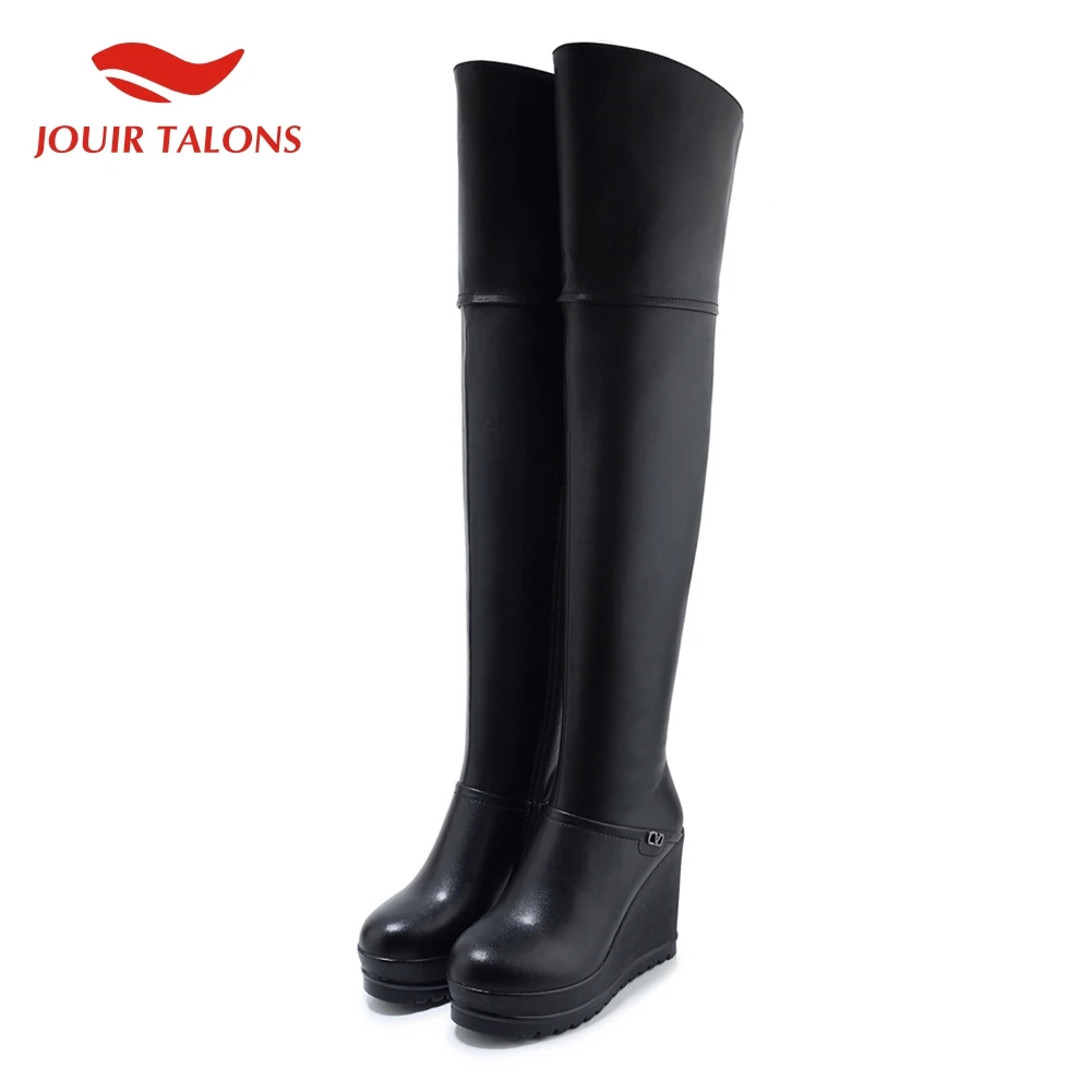 

genuine cow leather fashion hot sale wedge high heels over the knee winter boots woman shoes women black shoes woman boots