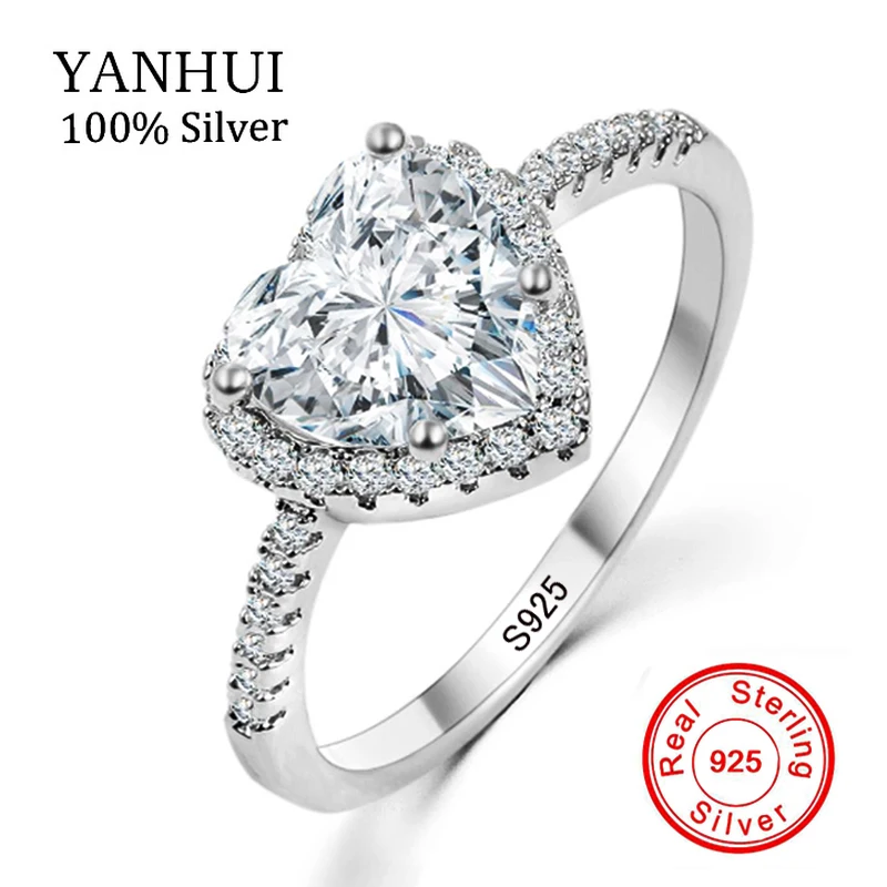 

YANHUI Band Romantic Heart Ring 925 Sterling Silver Wedding Jewelry Clear Crystal Promise Rings For Women anillos anneaux RA-013