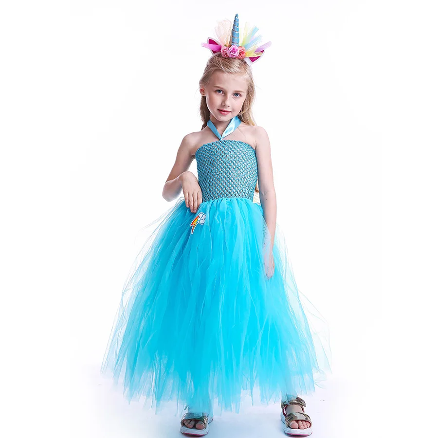 Blue Girls Halloween Unicorn Tutu Dress With hair Hoop Kids Cute Pony Ankle length (2)