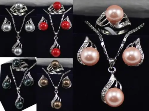 

!~ 11.22 5 color-10mm black/pink/gray/coffee/red shell pearl 18KGP earrings pendant ring can choose Discount 35%