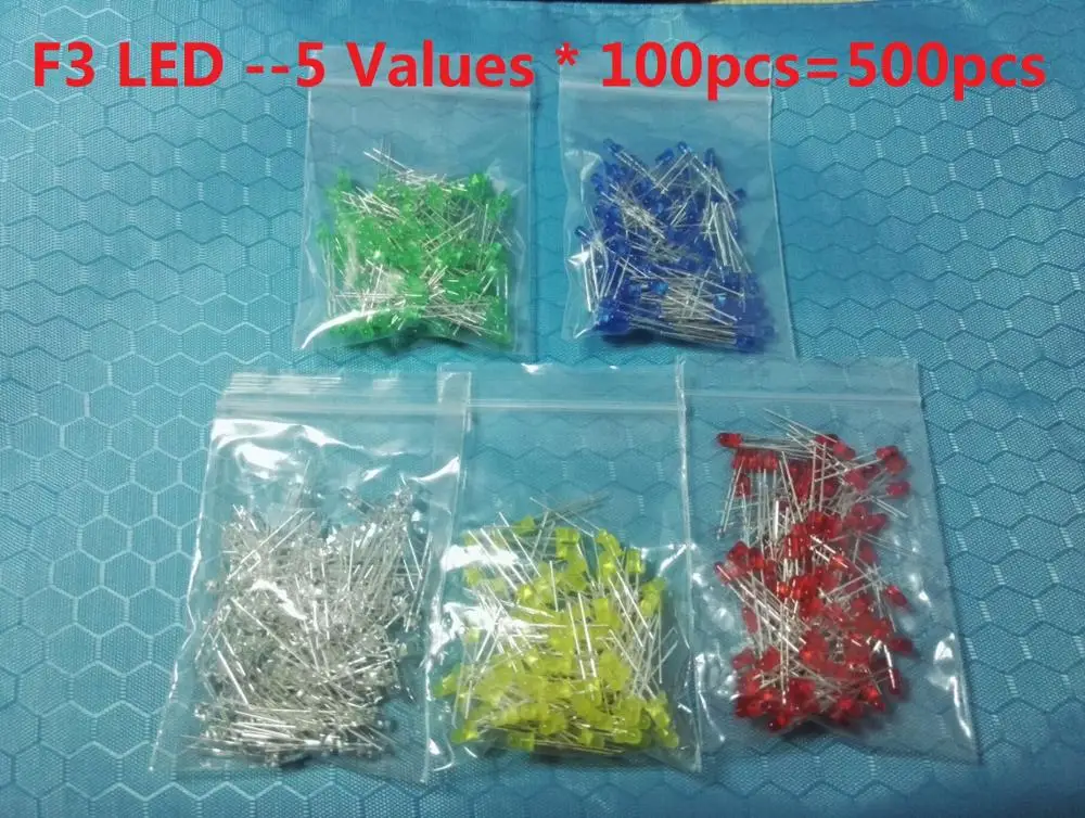 

5 values * 100pcs =500pcs 3MM 5MM Led diode kits White Red Green Blue Yellow light emitting F3 F5 diodes kit set pack 5 Colour