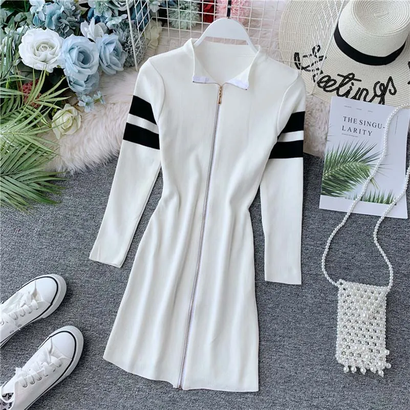 

NiceMix Fashion Splice Knitted Dress Long Sleeve Woman Zipper Slim A-line Sweater Vestidos 2019 Autumn Black Casual Female Dress