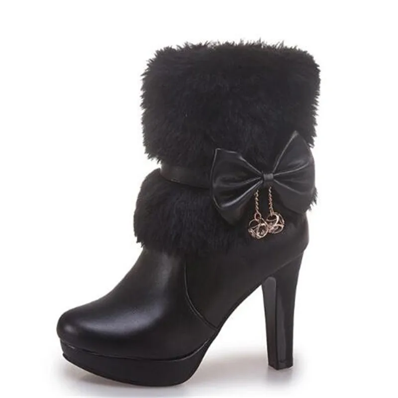 Women Boots Autumn and winter New style Sweet princess High-heeled Short boots Cashmere Keep warm Bow Women Boots size 34-43