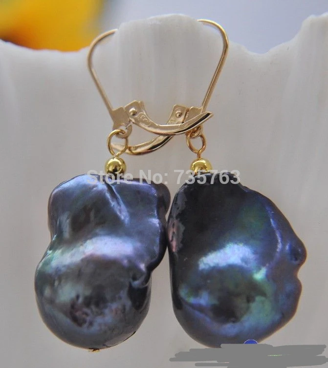 

xiuli 00284 BLACK BAROQUE KESHI REBORN PEARL DANGLE EARRING 14KGP
