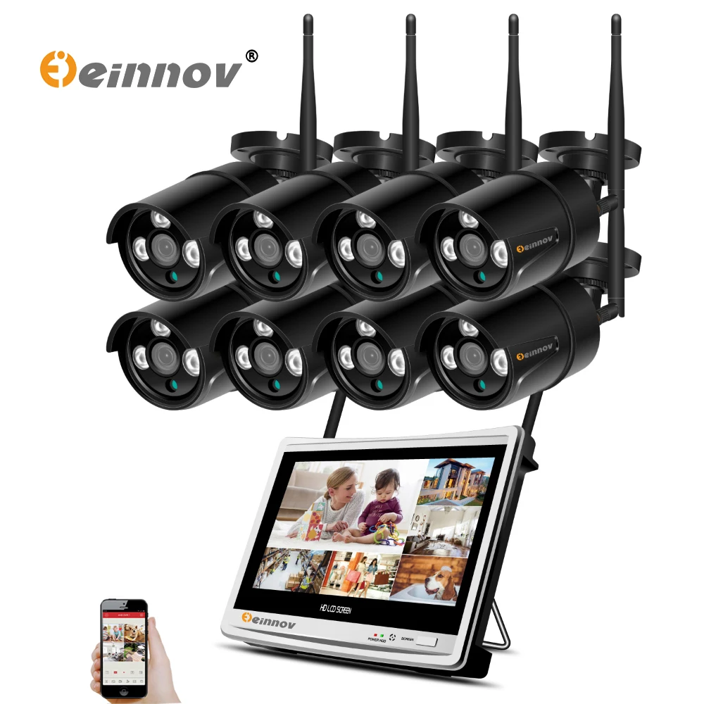 

Einnov 8CH 4Ch 1080P Wireless NVR Wifi CCTV System 12" LCD Monitor Screen 2MP Home Security Wifi Camera Video Surveillance Kit