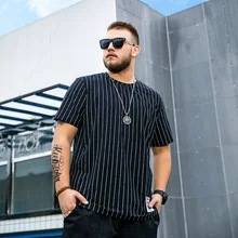 Мужская Летняя хлопковая футболка с короткими рукавами большого размера, модная повседневная Свободная рубашка в Вертикальную Полоску большого размера для полных мужчин, размер XL-6XL