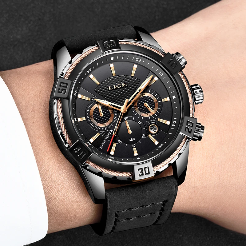 2019 LIGE Mens Watches Top Brand Luxury Men Casual Leather Watch Men Fashion Mutifuction Chronograph M  Waterproof Sport Clock