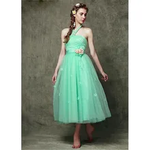 Sexy Halter Mint Green Bridesmaid Dresses Tea Length Flowers Appliqued A-Line Wedding Party Guest Prom Gowns 2017 casamento PB66