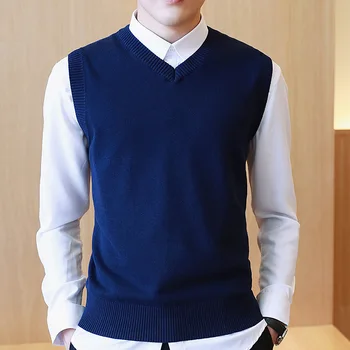 

LUX ANGNER Men 100% Cotton Solid Sweater V Neck Casual Male Vest Sweater Men Pullover Knitted Sleeveless Sweater M-3XL
