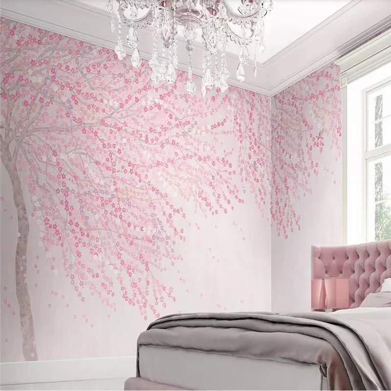 Whole house custom pink cherry blossoms Nordic background wall professional production mural wallpaper custom poster photo wall