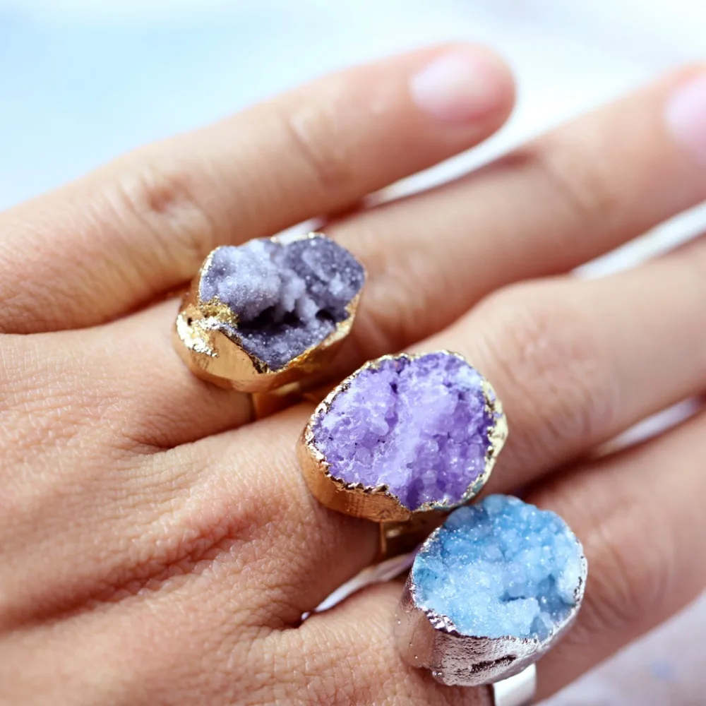 Irregular Agate Natural Drusy Stone Bezel Rings Amethyst Druzy Ring For Engagement M78002