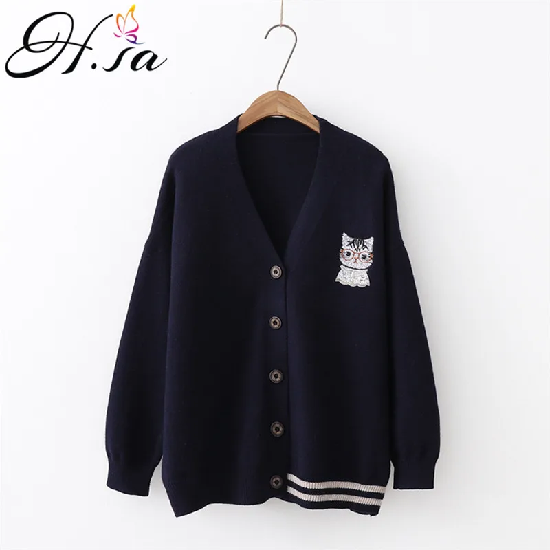 

H.SA 2019 New Women Spring Cardigans and Sweater Jumpers Cute Kawaii Cat Print Poncho Cardigans Korean Fashion Loose Knit Jacket