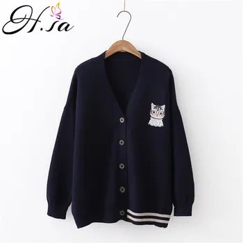 

H.SA 2019 New Women Spring Cardigans and Sweater Jumpers Cute Kawaii Cat Print Poncho Cardigans Korean Fashion Loose Knit Jacket