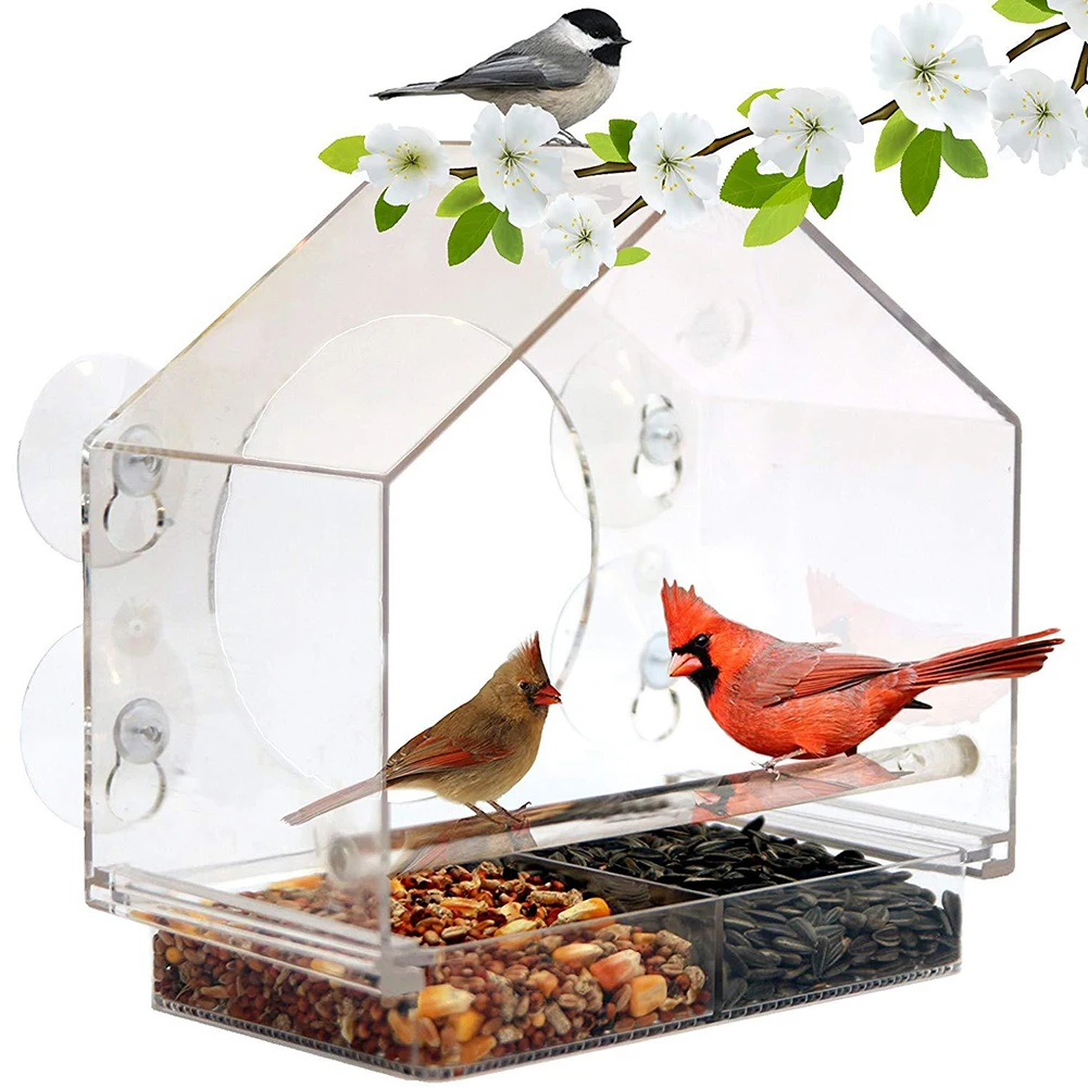 Прозрачный акриловый адсорбционный тип в форме домика кормушка для птиц инновационная всасывающая кормушка-чашка