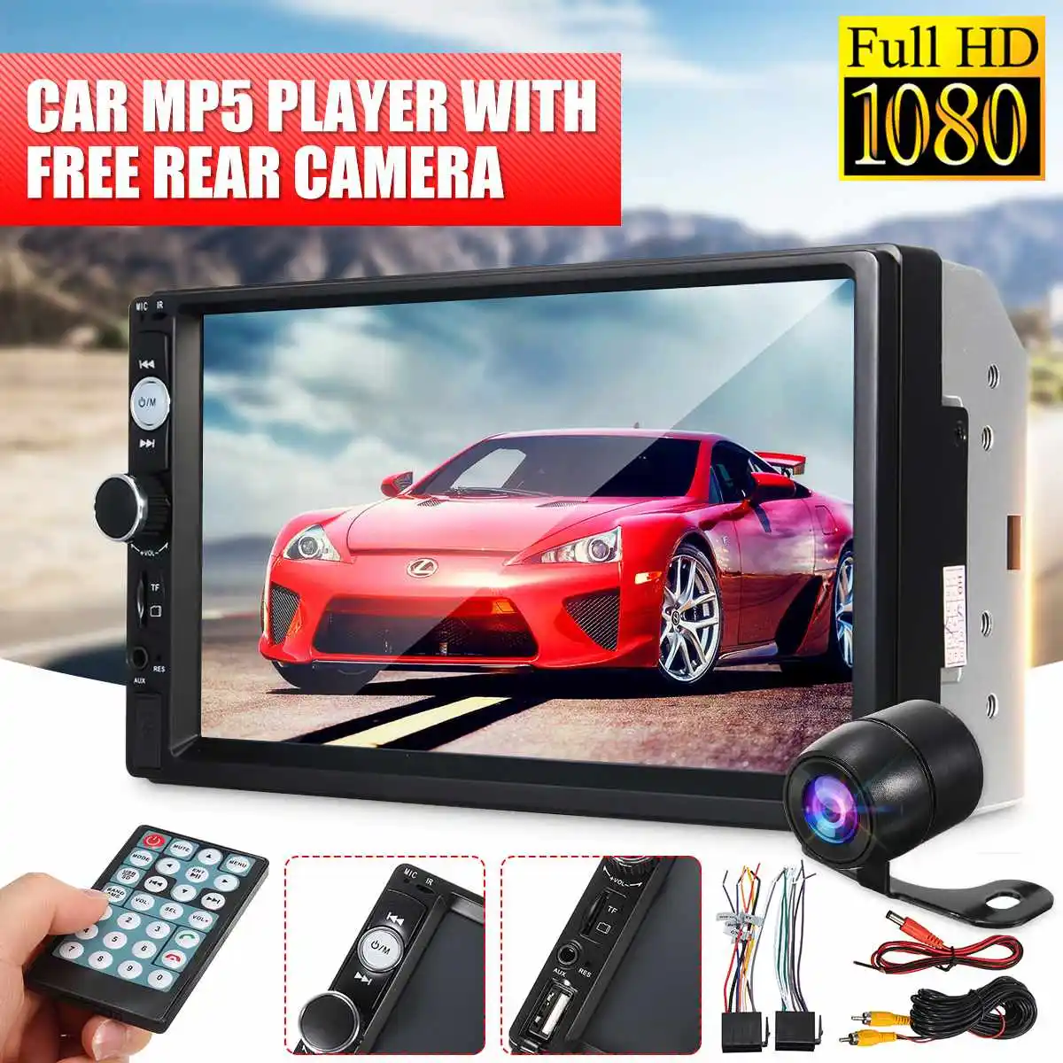 

7" 2Din Car MP5 Player bluetooth Car Stereo Radio Audio Receiver FM Radio with Remote Touchable Screen USB AUX TF + Rear Camera