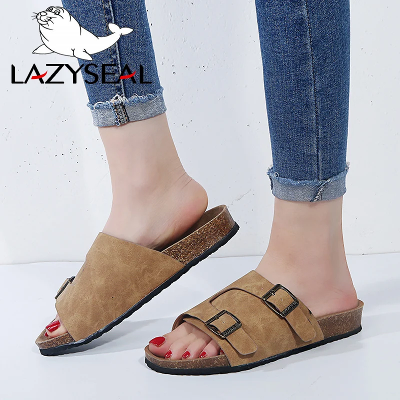 

LazySeal Summer Cork Slippers Shoes Woman Buckle Slides Ladies Shoes Sandals Flip Flop Beach Sandals Flats Heels Large Size 44