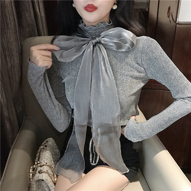 Dingaozlz корейская модная одежда однотонные топы с галстуком-бабочкой женская футболка с длинным рукавом Повседневная рубашка roupas feminina
