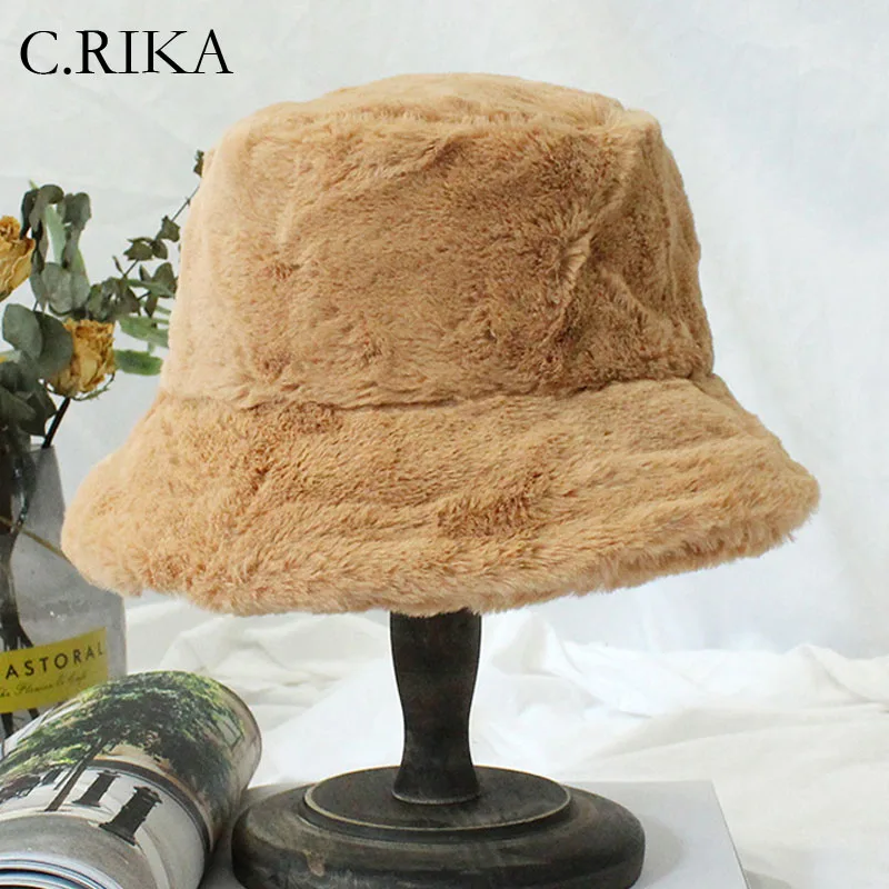 

2018 Fur Thick Warm Winter Bucket Hat Women Solid Color Girls Flat Top Velvet Fedoras Ladies Plush Bob Feminios Fashion Gorras
