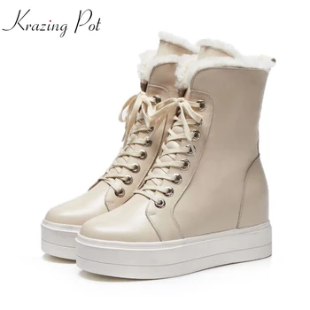 

Krazing Pot genuine leather wool rivets lace up round toe flat platform waterproof increasing mild-calf keep warm snow boots L20
