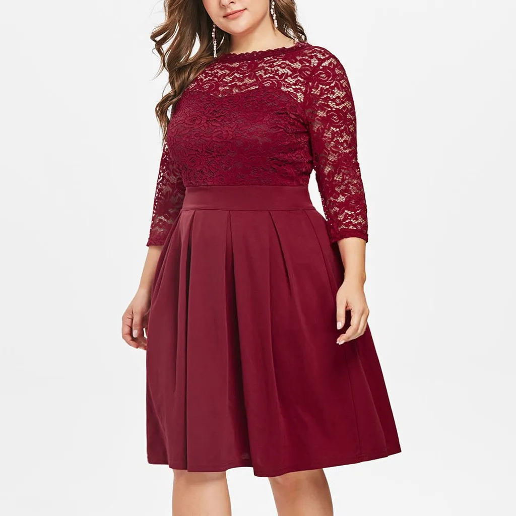 

Summer Dress Fashion Womens O-Neck Solid 3/4 Sleeve Lace Panel Plus Size 5XL Flare A-Line Dress Elegant Vestidos #R