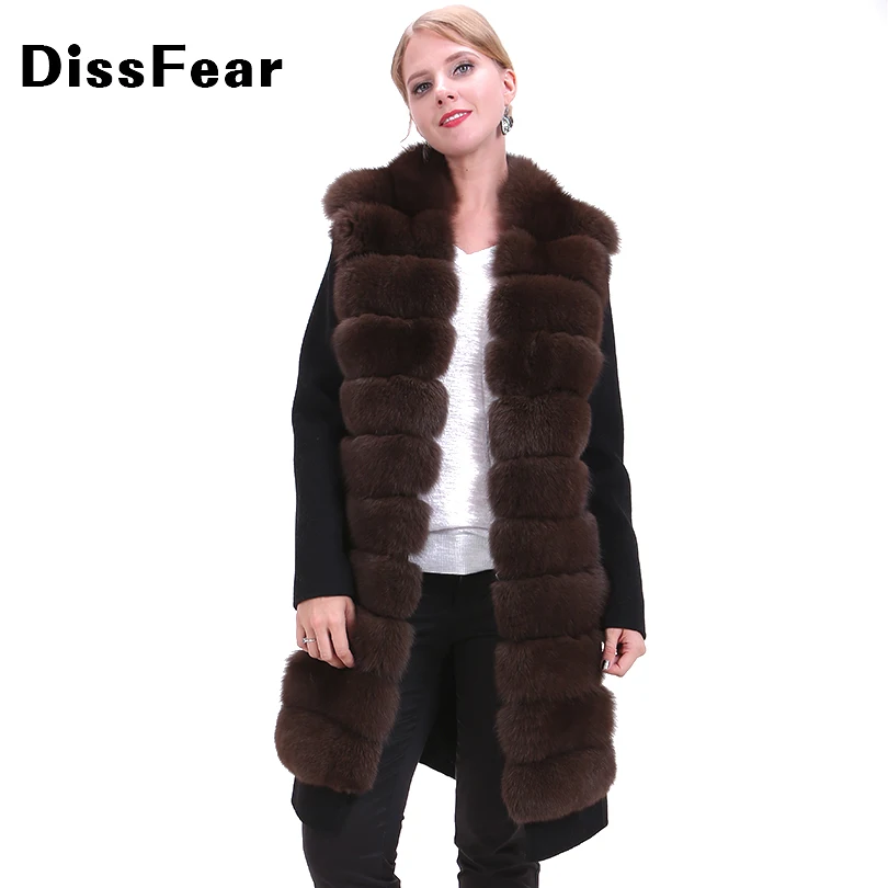 

Female Cashmere Coat Women's Genuine Fox Jacket Long Sleeve Natural Real Fox Fur Overcoat Solid Wool Outwear 95cm Real Fur Coats