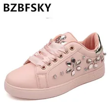 BZBFSKY2018 модные кроссовки женская повседневная обувь на плоской подошве со стразами мягкие женские кроссовки Женская Брендовая обувь розовый, черный, белый