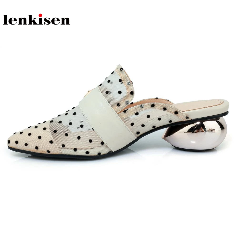 

Lenkisen cow leather butterfly knot new fashion women sandals med heels strange heel special simple pointed toe summer mules L40