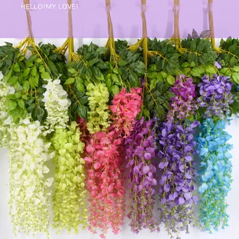 

New Coloful 12pcs/lot Artificial Silk Wisteria Flower Vines hanging Rattan Bride flowers Garland For Home Hotel Wedding Decor
