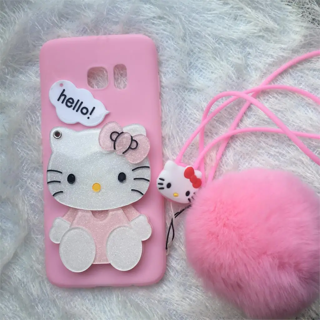 For iPhone 7 plus /X 8 6 6splus case pink Hello kitty For samsung galaxy s8 plus s6 s7 edge case cartoon cat mirror cover +rope