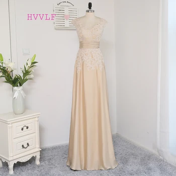 

HVVLF Champagne Evening Dresses 2019 A-line Cap Sleeves Chiffon Appliques Elegant Long Evening Gown Prom Dress Prom Gown