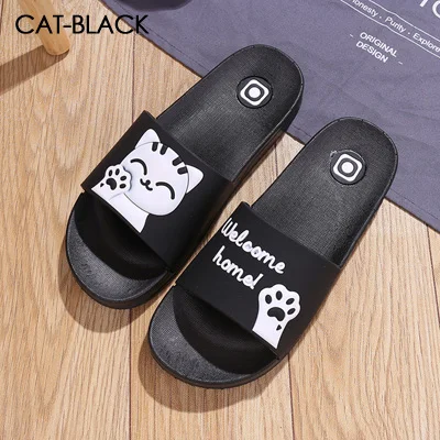 Детские тапочки Мультяшные шлепанцы модные родитель-ребенок обувь Семья установлены сандалии детские тапочки Пляжная летняя обувь для девочек - Цвет: Cat BLACK